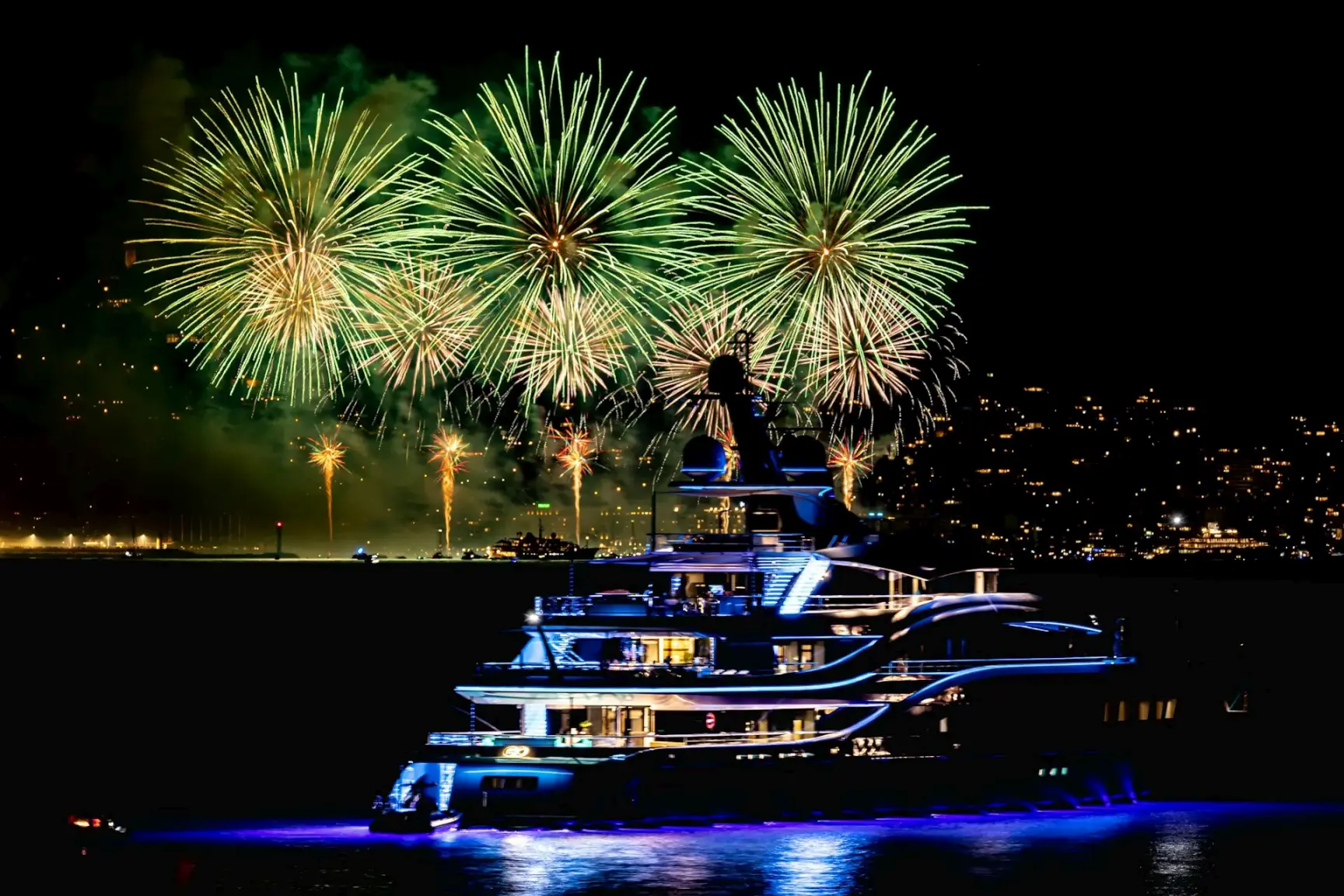 Cannes fireworks seen from a yacht. Elite France itinerary -- Azzurytt Private Experiences
