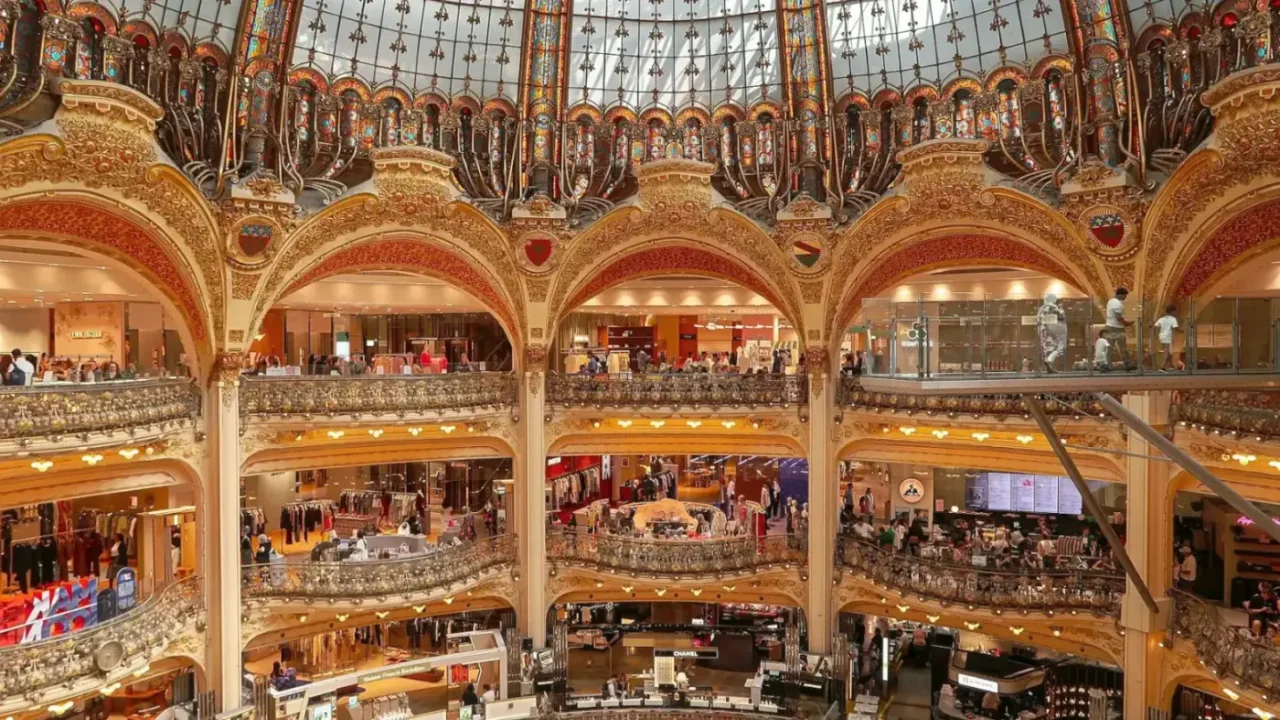 Gilded balconies of Galeries Lafayette Haussmann in Paris. Bespoke France Itineraries -- Azzurytt Cultural Heritage